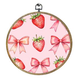 Cute Pink Bow Strawberry Decor Framed Round Wall Decor Canvas Wall Art Hanging Prints Artwork for Home Kitchen Farmhouse Bathroom Living Room Decorations Office Porch Garden Door 10.2X10.2 Inch