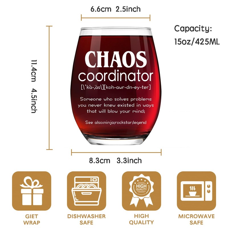 Wine Glass for Women - "Chaos Coordinator" 15oz Stemless Thank