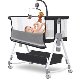 Donpemu Baby Bassinet with Musical Toy,3 in 1 Baby Bassinets Bedside Sleeper,All Mesh Bedside Bassinet with Storage Basket and Wheels,7 Height Adjustable Bedside Crib for 0-6 Months Baby (Black)