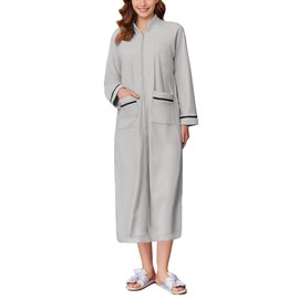 Ekouaer Women's Zipper Robes Long Sleeve Loungewear Knee Length Housecoat Fleece Bathrobe with Pockets Light Gray XXL