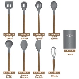 Silicone Kitchen Cooking Utensil Set, 9Pcs Kitchen Utensils Spatula Set with Wooden Handle for Nonstick Cookware, 446°F Heat Resistant Silicone Kitchen Gadgets Utensil Set with Large Holder（Grey）