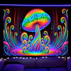 BlissYard Mushroom Tapestry Blacklight Mushroom Tapestry 78x59 Inch Colorful Tapestries for Bedroom UV Reactive Black Light Tapestries Posters Wall Hanging for Bedroom Dorm Living Room Backdrop Decor