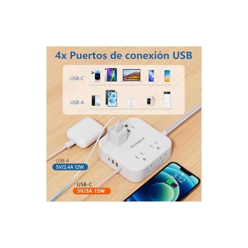 Glückluz Regleta Multicontacto Conector Multiple con 5M Electrica Extensión