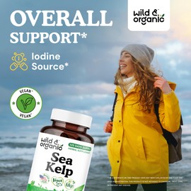 Wild & Organic Sea Kelp Capsules 600 mg - Immune & Overall Support - Sea Kelp Iodine Supplement for Men & Women - Ocean Seaweed Supplement - Vegan, No Fillers, Non-GMO - 120 Count