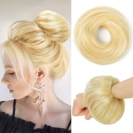 PORSMEER 30g Human Hair Messy Bun Hair Piece 100% Real Hair Chignons Scrunchies Natural Wavy Fluffy Buns for Women Donut Updo Hair Pieces Bun Extension Blonde-613#