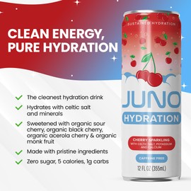 JUNO HYDRATION Organic Cherry Sparkling Drink - Sugar Free Electrolytes Organic Monk Fruit, Sour Cherry Juice, Black Cherry Extract and Hydrating with Celtic Salt, Potassium, Calcium - Premium Refreshing Beverage, 12 Pack