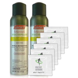 Coleman Botanicals Lemon Eucalyptus Insect Repellent DEET Free - 4oz. Continuous Spray - Pack of 2 - w/ (6) Healthandoutdoor Hand Wipes