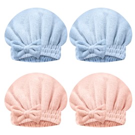 YQWIN 4 Pcs Microfiber Hair Towel Hair Drying Towel 25X26cm Pink and Blue Absorbent Turban Towels with Bows Anti Frizz Head Towels Wrap for Girls and Women to Dry Curly or Straight Short Hair Quickly