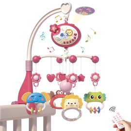 Baby Crib Mobile with Remote Control, Star Projector & Timing Function, Musical Mobile for Bed with Light and Melodies, Hanging Rotating Rattles Toy for Newborns (Red)