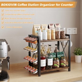 BOKIOVIN Coffee Bar Shelf Accessories Organzier for Countertop with K Cups Holder, 2 Tier Coffee Stand Station Organizer for Countertop with 2 Hooks(Black)