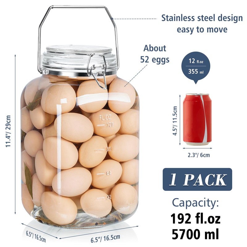 1.5 Gallon Glass Jar with Airtight Lid, Square Wide Mouth