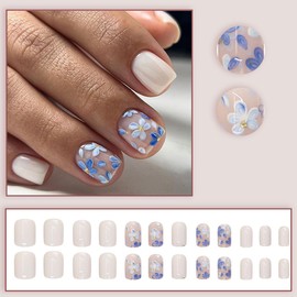 Press on Nails Short Square Fake Nails Press ons Acrylic Nail Art Kit False Nails White Glossy Glue on Nails Full Cover Stick on Nails with Small Flower Designs for Women Nail Supplies 24Pcs
