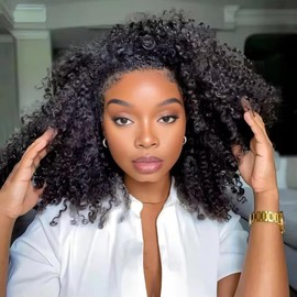 Kinky Curly Half Wig Human Hair 200% Density 3 In 1 Seamless Clip Ins Flip Over Half Wig Wear and Go Glueless Wigs Human Hair for Women Drawstring Headband Wig Beginner Friendly (Black, 16 Inch)