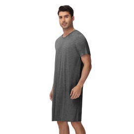 WiWi Men's Nightshirt Short-Sleeve Nightgown Viscose from Bamboo Soft Loose V-Neck Sleepwear Nightwear Sleepshirt Gowns S-XXL, Charcoal Heather, Medium