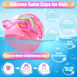 8 Pack Kids Swim Cap for Long/Short Hair, Unisex Silicone Swimming Cap for Age 2-14 with Goggles Ear Plug Nose Clip Bathing Swim Caps for Children Boys Girls (Unicorn, Whale)