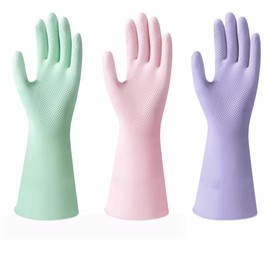 JINGLIKANG 13inch Nitrile Gloves Thickened Durable Reusable Cleaning Dishwashing 3 Pairs 12mil Non-Slip Flexible Latex-Free Large size (Three Pairs （Mix Colorful）, L)