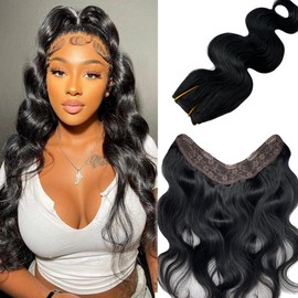 Jet Black Hair Extensions Clip in Human Hair 16inch with 5 Secure Clips Curly Wave Invisible One Piece Clip in Hair Extensions V Shape Clip Hairpieces for Women 80G Double Weft Human Hair Extensions