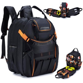KSIBNW 45-Pockets Tool Backpack for Men,Heavy Duty Tools Organizer Bags with Laptop compartment/Durable Tool Carrier with Charging Port for Eelectrician/Construction Work, Black and Orange