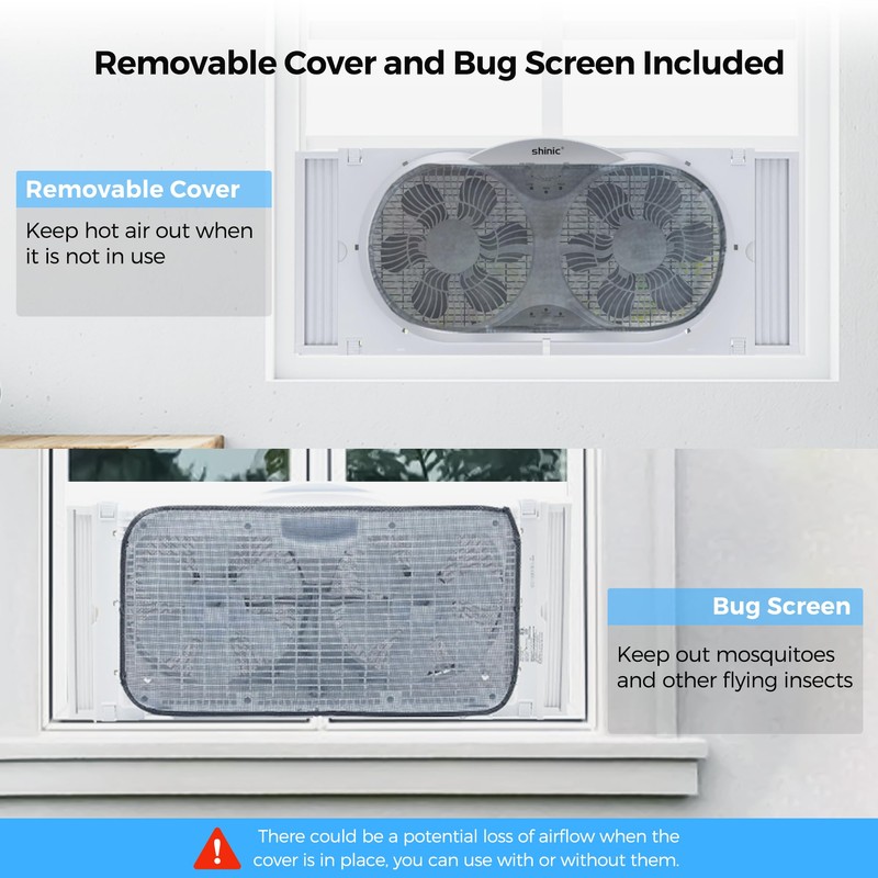 shinic 9" Twin Window Fan with Reversible Airflow, Removable Cover
