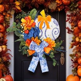 Lineshading Fall Chinoiserie Pumpkin Wreath Autumn Blue and White Hanging Door Decorations Floral Berries Wreath with Bow Chinoiserie Pumpkin Wooden Board for Thanksgiving Farmhouse Home Outdoor