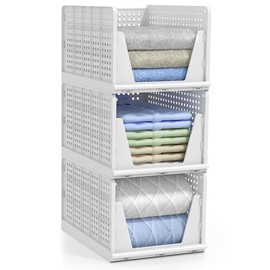 Sorbus 3 Pack Folding Closet Shelf Organizer for Clothes - Versatile Stackable Storage Baskets for Closet, Bathroom, Kitchen and Garage - Easy Access Open Front Design - Plastic Organizer Shelves