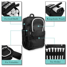 Tactical Golf Bag with Carabiner Water Resistant Belt Trolley Backpack Compact Accessory Bag for Balls, Tees, Gloves and EDC Gear (Black)