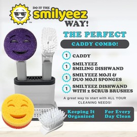 Smilyeez Cheery Caddy Kit, Sink Caddy, Smilyeez Smiling Dishwand with Moji and DUO Moji Sponges, and Smilyeez Dishwand with 2 Scrub Brushes - Color: Gray
