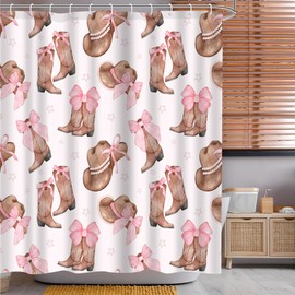 Aperturee Cowgirl Bowknot Shower Curtain Set 72x72inch Pink Boots and Hat Design Ideal Holiday Bath Decor for Girls Bath Decorations with 12 Plastic Shower Hooks