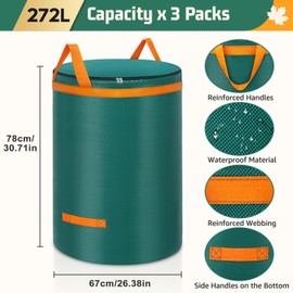 Enbagold 3 x 272 L Garden Waste Sacks Sturdy Leaf Bags with Lid and Handles Garden Bag Large Garden Waste Bags Garden Bags Green Cutting Bag Self-Standing Green Cutting Bags Waste Bag for Garden Waste