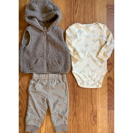 Carter's 3 Pc Puppy Print Long Sleeve Bodysuit, Sherpa Vest, Striped pant, 6 M