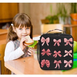Lonchera con lazo rojo rosa y negro, bolsa de almuerzo aislada para niños, bolsa de almuerzo congelable con correa de hombro para niñas, escuela de picnic