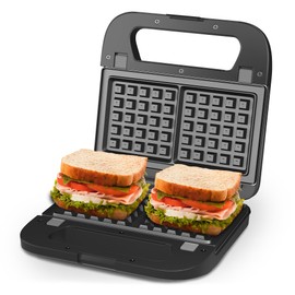 Sunvivi 3 in 1 Electric Sandwich Maker, Panini Press Grill and Waffle Iron Set, Grill and Sandwich Press with Removable Non-Stick Plates, Indicator Lights & Cool Touch Handle, 750W, Black