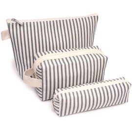Beayuva 3 Pcs Canvas Makeup Bag Set Cosmetic Pouch for Women Travel Toiletry Bag Cute Makeup Organizer Purse Pouch Preppy Pencil Case with Zipper (Blue Pinstripes)