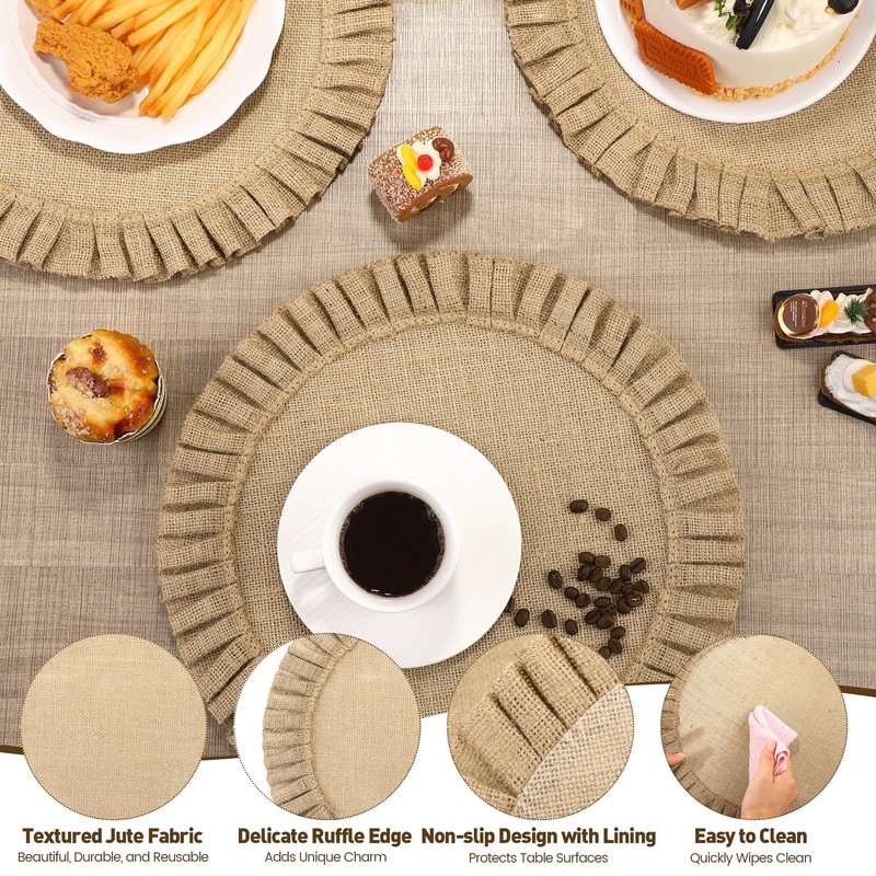 Aneco 6 Pack Round Burlap Placemats with Ruffle Edge