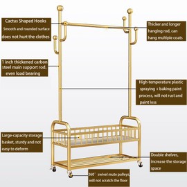 SUIGDRR Clothing Rack, Standing with Wheels, Heavy Duty for Storage, Gold，for Hanging Organizers Clothes,Shoes,Bags,Scarf,Neckties Ideal for offices, bedrooms, foyers (Gold, S)