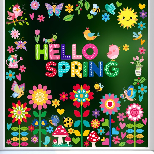 Hello Spring Window Clings, Removable Butterfly Flower Window Stickers Double