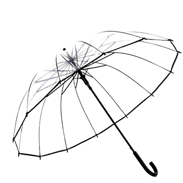 16 Ribs Transparent Long Umbrella, Jumping Type, Durable, Windproof, Lightweight, Unisex (Black)