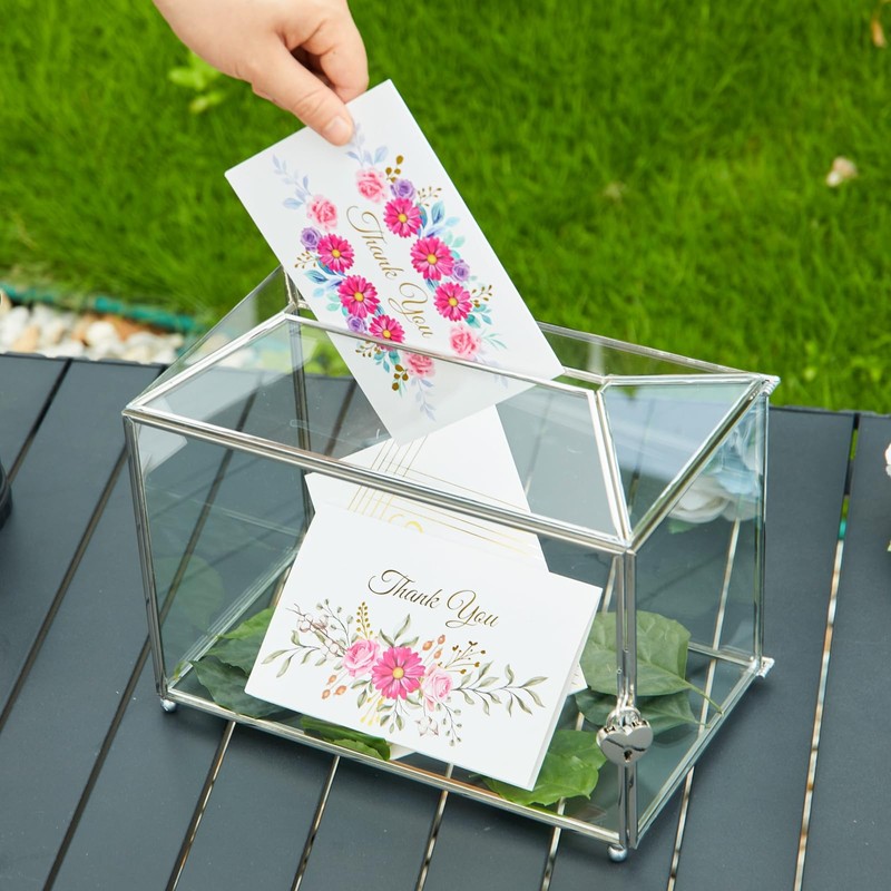WHSLILR 12.6" Glass Card Box Wedding Card Box with Lock