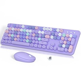 Wireless Keyboard and Mouse, Links9+ Full-Size Retro Typewriter Keyboard with Round Keycaps, 2.4GHz for Windows, Mac, Laptop, PC, Desktop (Purple Colorful)