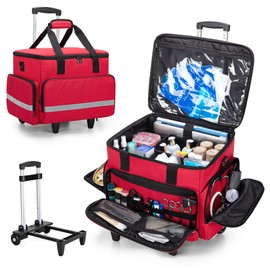 CURMIO Rolling Medical Bag with Wheels, First Aid Kits Case with Removable Dividers, Empty Emergency Response Supplies Bag for Home Health Nurses, Doctors, EMT, EMS Professionals, Red