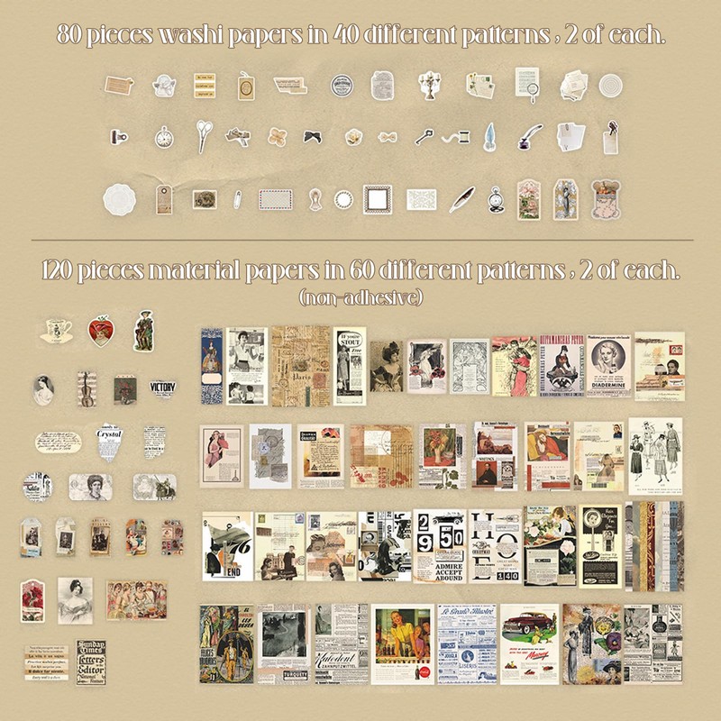 LIHAO 200PCS Vintage Scrapbook Paper Journaling Supplies Scrapbooking Material Paper