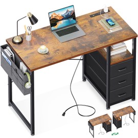 AODK 40" Small Computer Desk with Fabric Drawer and Charging Station, Kids Girls Teen Study Writing Desk for Bedroom, Home Office Desk with Storage Shelf & Bag, Vanity Table for Small Space, Vintage