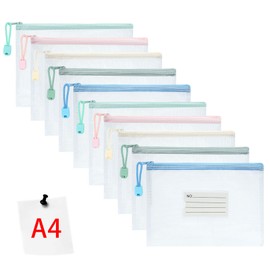 Vicloon Document Bag A4, 10 Pieces Zip Pockets with Label, Waterproof Mesh Pockets, Plastic Zip Bag, Zip Bag for School, Office, Travel (White)