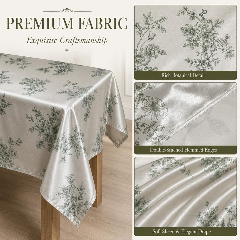 Botanical Floral Polyester Tablecloth Vintage Green Leaf Design