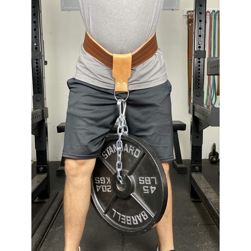 Leather Dip Belt Strap with Chain for Weight Lifting -