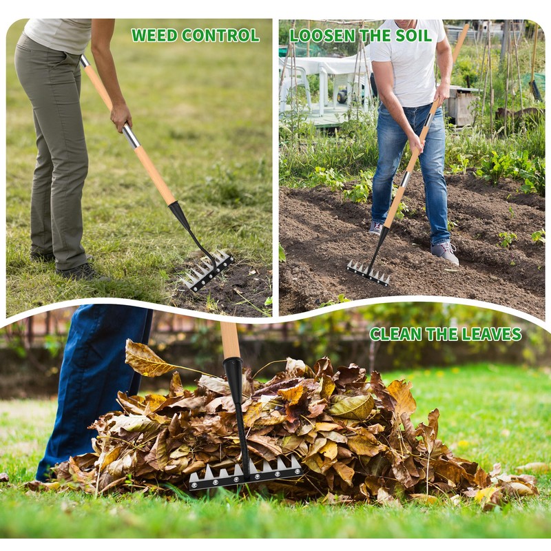 ATLRGISL Iron Weed Rake with Wooden Long Handle 2.0, 8