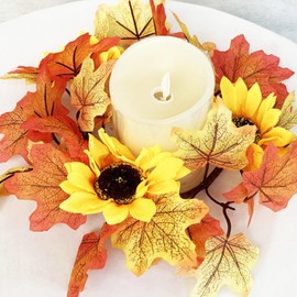 6pcs 9.8" Candle Rings Artificial Flower Wreath Autumn Harvest Maple Leaf with Sunflower Fall Thanksgiving Table Centerpiece Front Door Harvest Festival Home Decor