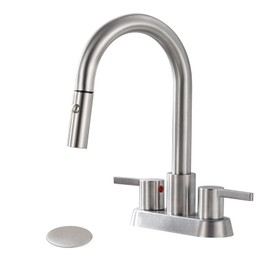 Heouty Bathroom Sink Faucet with Pull Out Sprayer 2 Handles, Brushed Nickel Pull Down Bathroom Faucets 3 Holes 4 Inch, 360 Degree Swivel Dual Function Spout, Pop Up Drain Assembly Included
