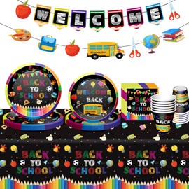 Back to School Party Supplies Tableware with Back to School Paper Plates Napkins Cups Tablecloth Banner for Students First Day of Schoo Party Decorations, Serves 24