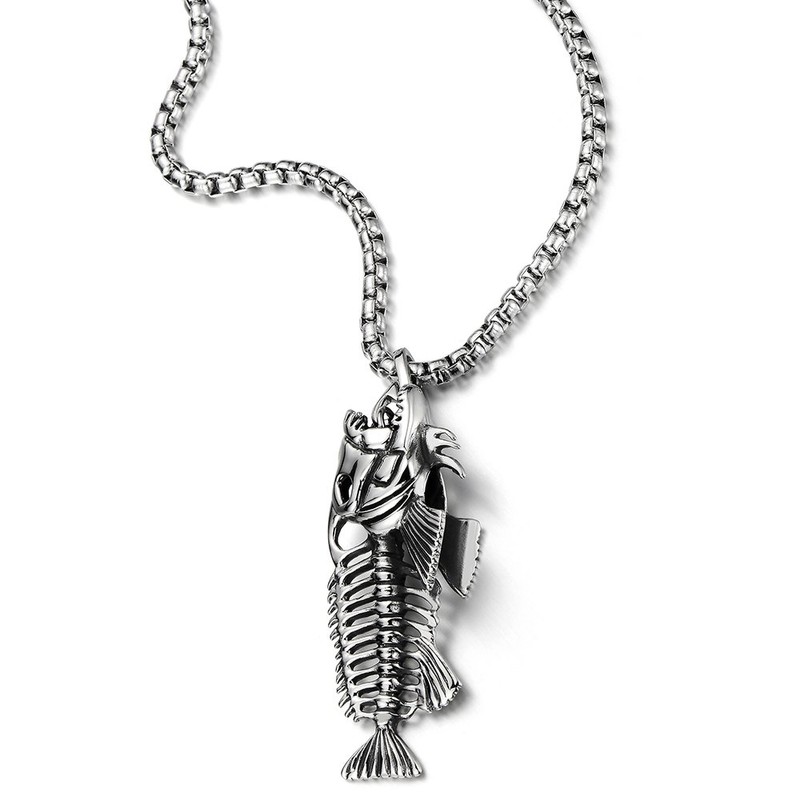 COOLSTEELANDBEYOND Extra Large Mens Fish Skeleton Bone Pendant Necklace Steel